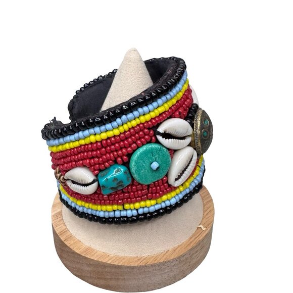 Vintage Tibetan Open Cuff Decorated Turquoise, Cowrie Shells Coral Glass Beads - Picture 6 of 10